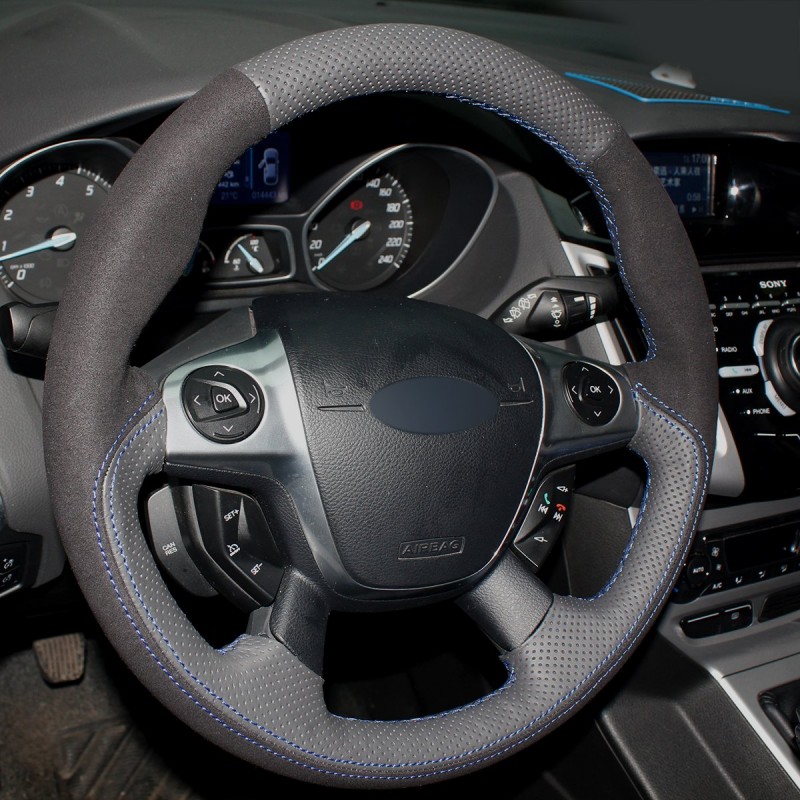 Loncky Auto Custom Fit OEM Black Genuine Leather Steering Black Suede